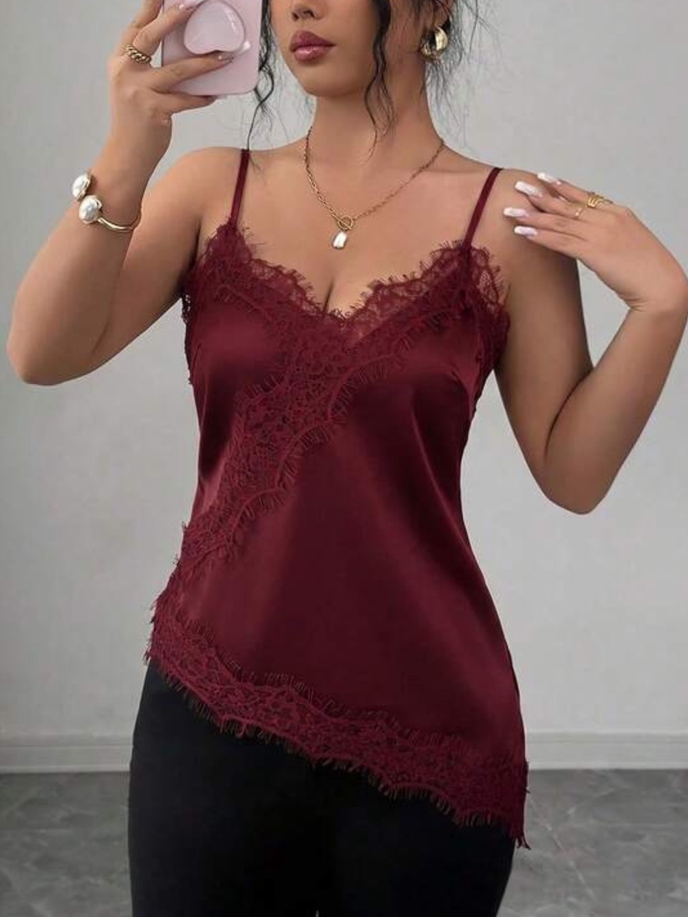 Lace Trim Satin Cami Top - Burgundy